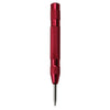 A close-up view of a red spring-loaded automatic center punch tool.
