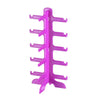 A bright pink stackable display stand for holding and organizing sunglasses and reading glasses.