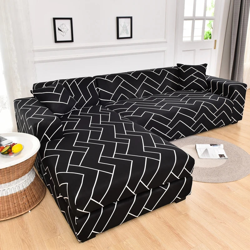 Printed L-Shape Sofa Cover with Elastic Edge