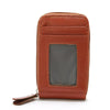 A brown genuine leather RFID-blocking card holder wallet with a clear window.