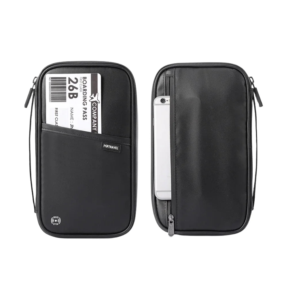 Black leather passport holder with RFID blocking features and a detachable strap.