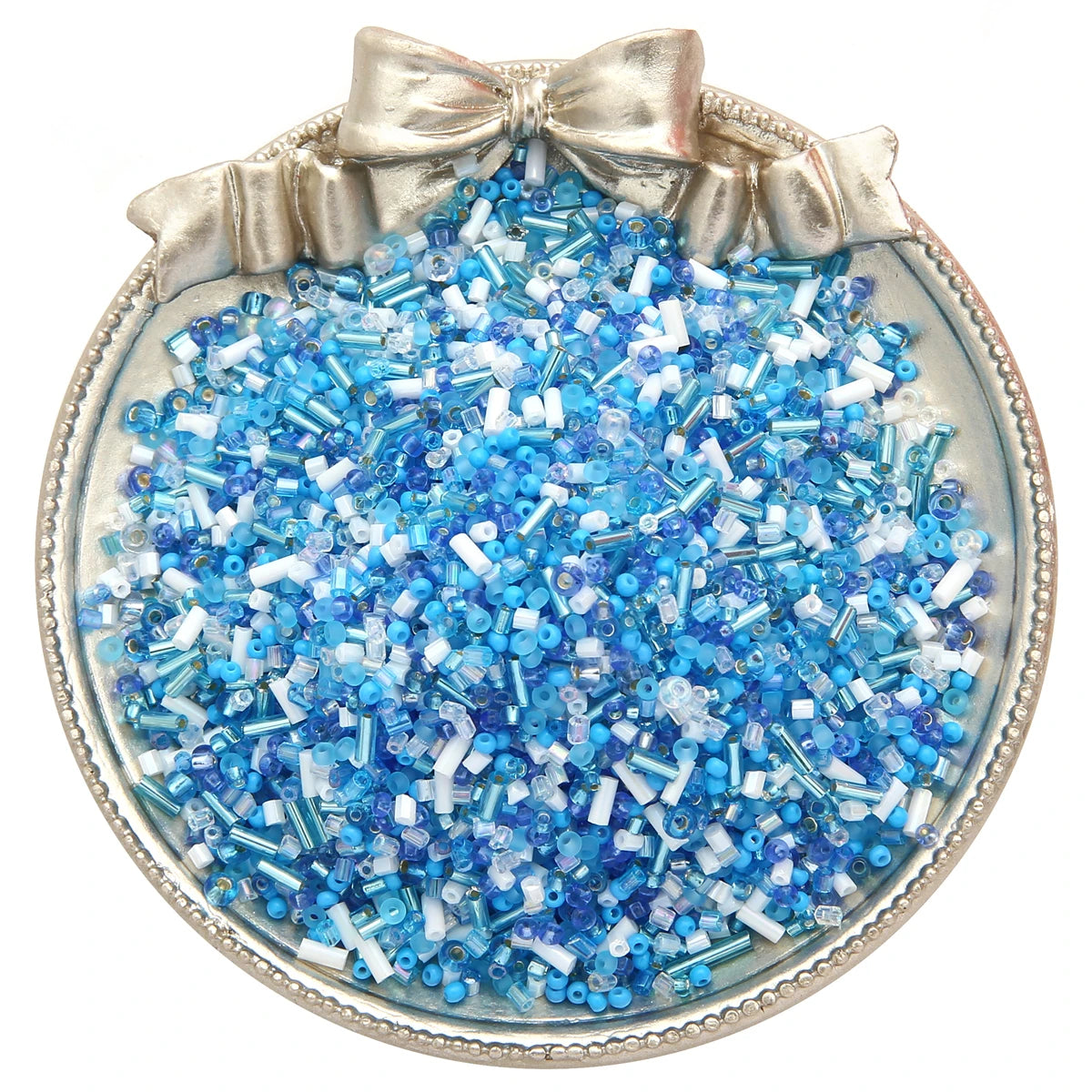 A silver-toned charm featuring a cluster of mixed blue and clear glass seed beads tied with a bow.
