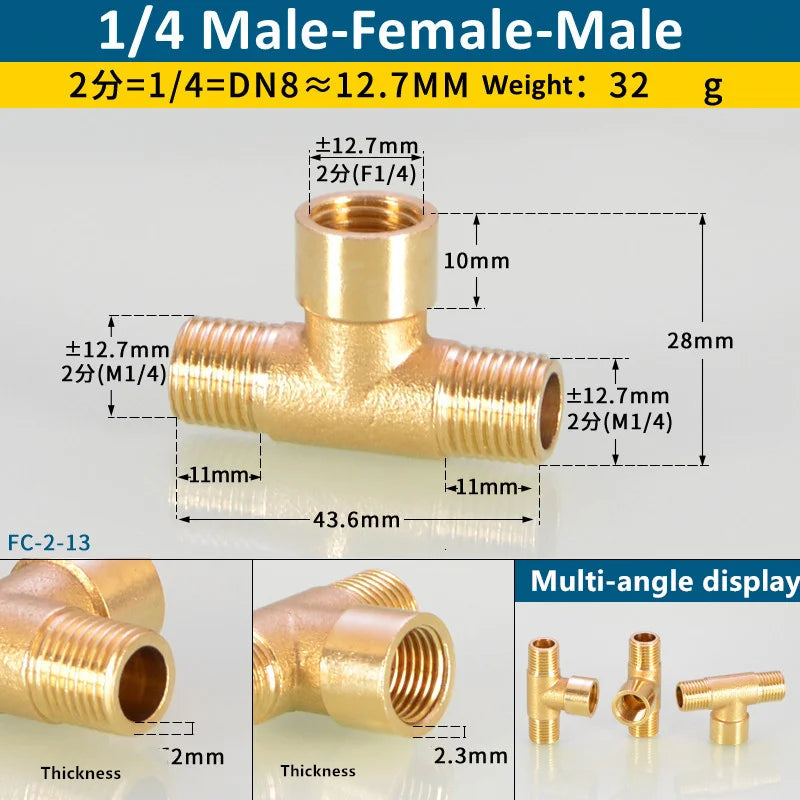 Brass BSP tee pipe fitting with a male-female-male configuration and various angles