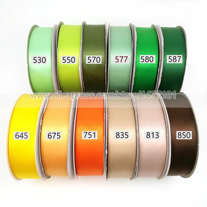 A collection of double face satin ribbon rolls in various solid colors and numbered quantities.