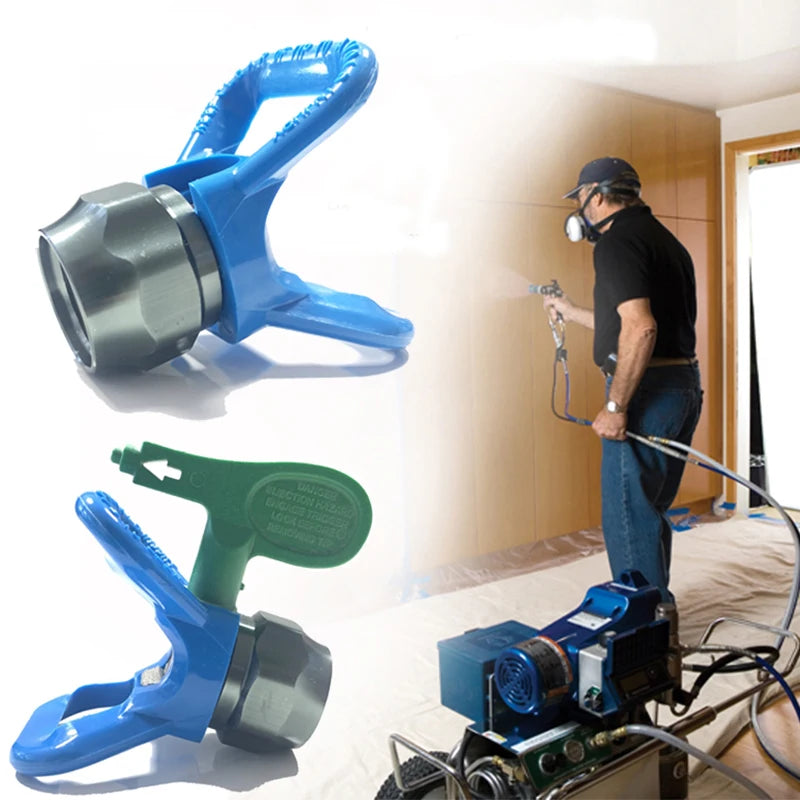 A blue universal airless paint sprayer nozzle guard and seat is shown next to a green component and a working unit.