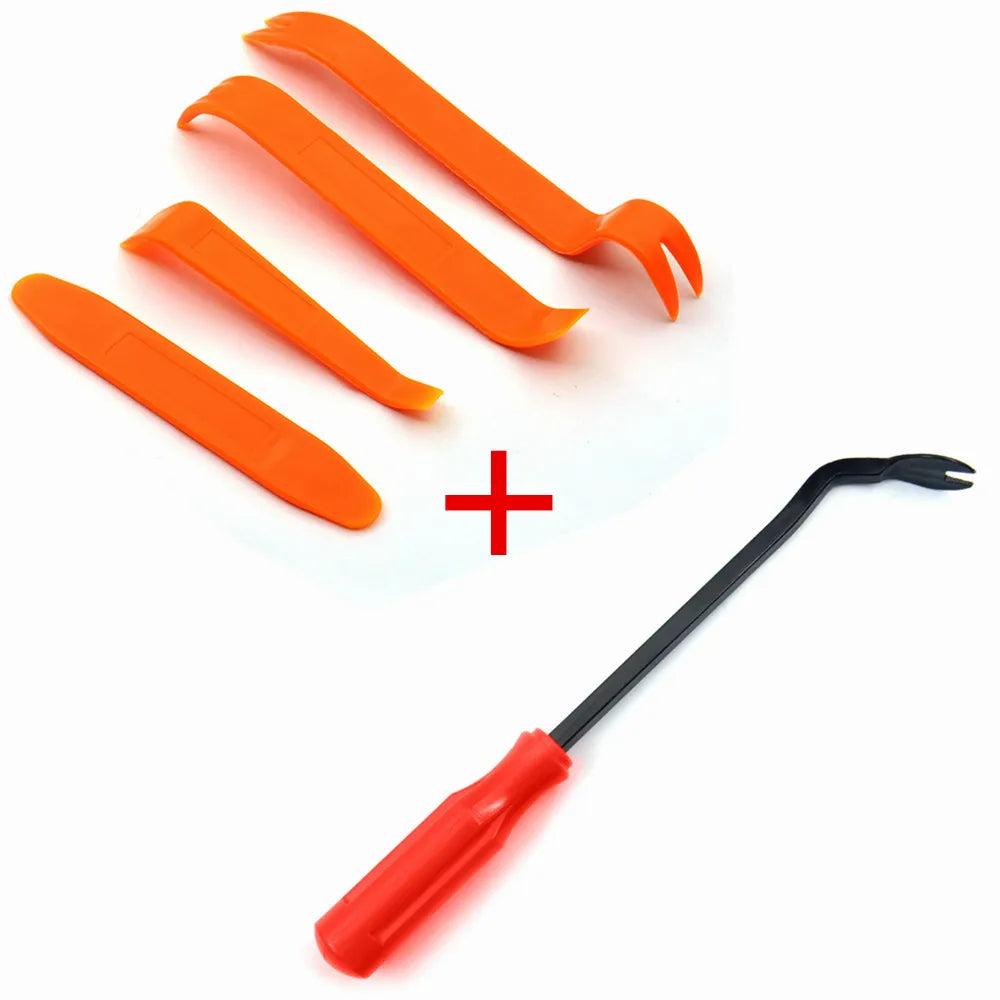 Orange trim clip removal pliers with a black handle and red grip shown next to the tools.