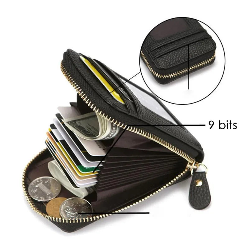 A black genuine leather RFID-blocking card holder wallet with a gold zipper and multiple cards visible.