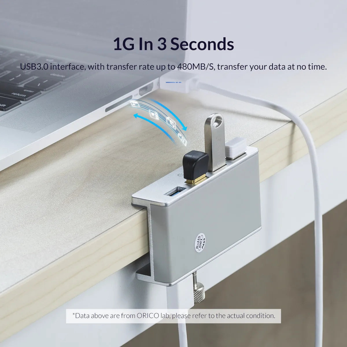 Aluminum USB 3.0 Hub with Clamp Mount for Desktops and Laptops