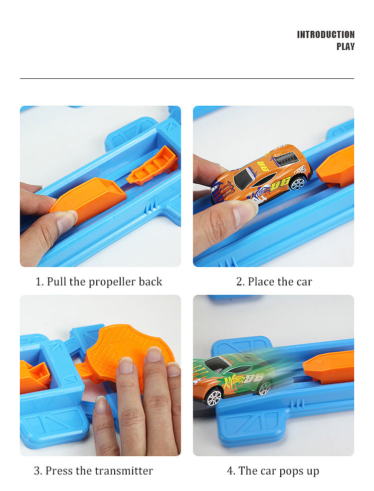Instructions showing how to assemble a DIY stunt racing car track set with loop and dual-lane races.