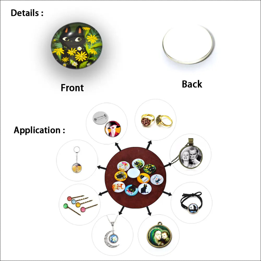 A set of ten round glass photo cabochons for jewelry making shown with front and back views and various finished jewelry piec