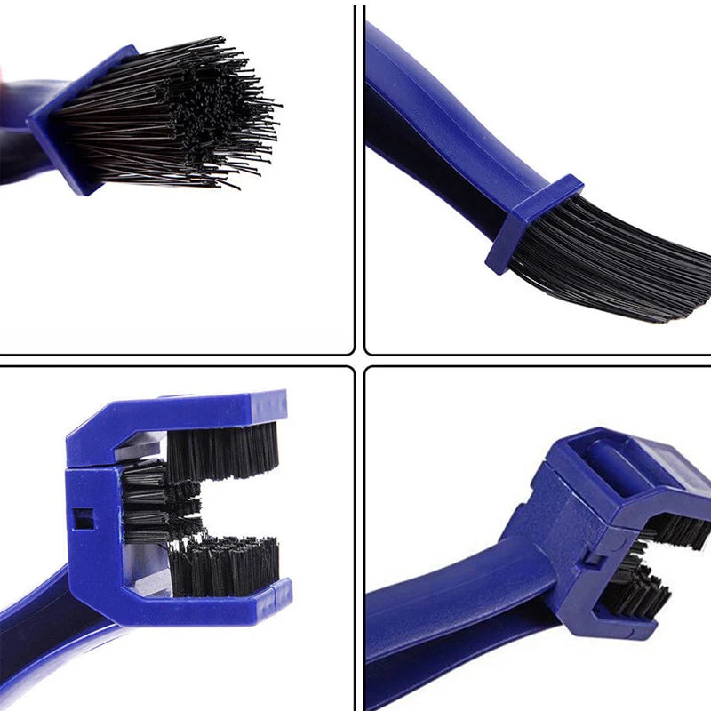 Blue universal chain cleaning brush used for motorcycles and bicycles, shown in various angles.