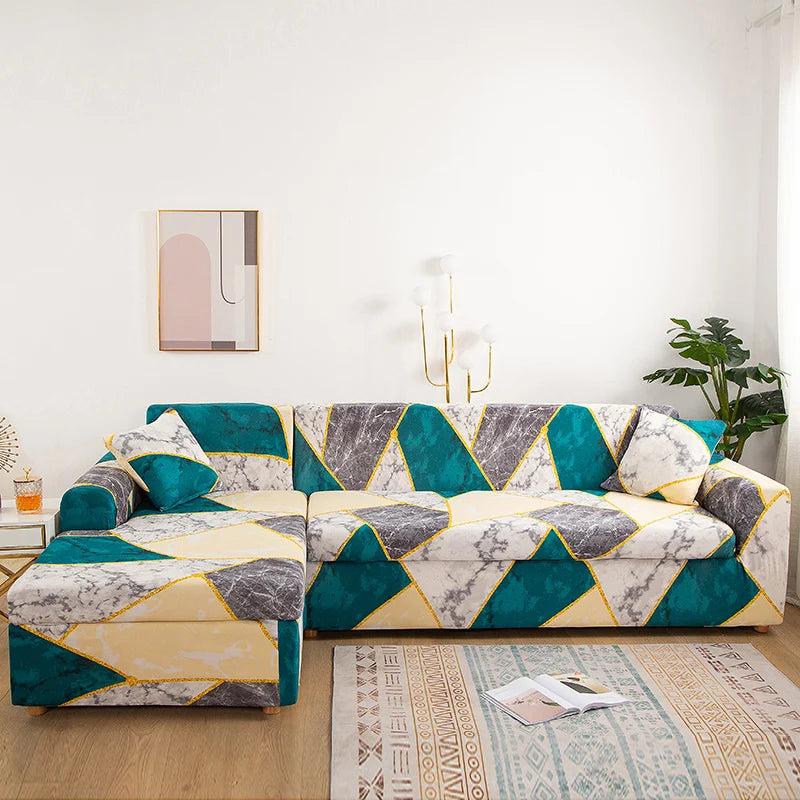Printed L-Shape Sofa Cover with Elastic Edge