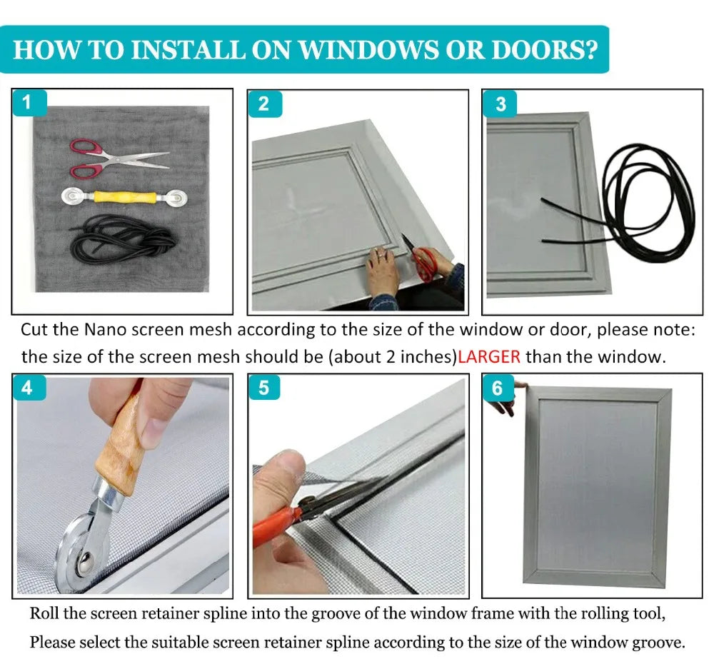 Instructions for installing a nano screen mesh kit on windows or doors using a rolling tool and spline.