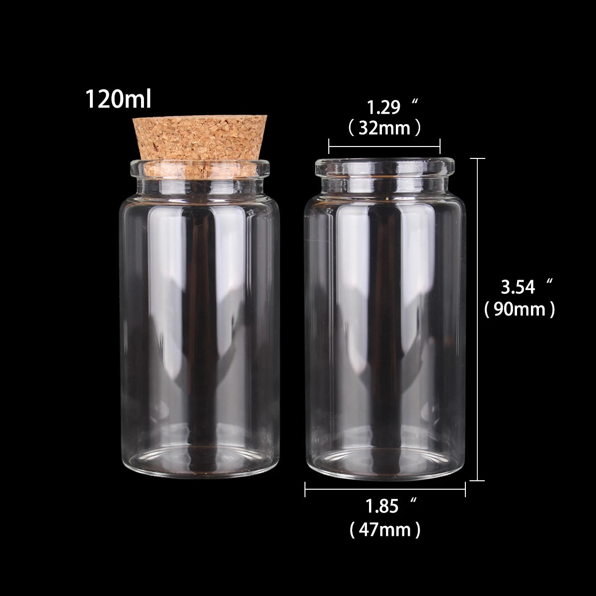 Frasco de vidrio transparente con tapa de corcho, mostrado con dimensiones.