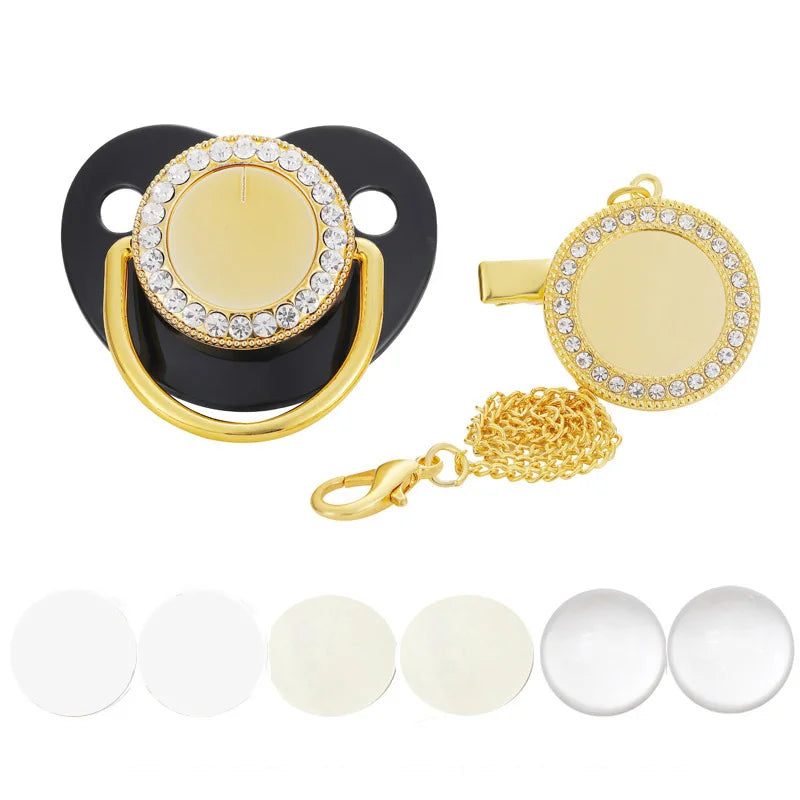 Gold rhinestone pacifier with clip and chain for babies