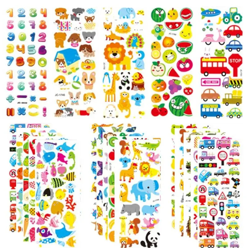 A variety pack of 500+ 3D puffy stickers featuring animals, dinosaurs, numbers, and other colorful shapes for kids.