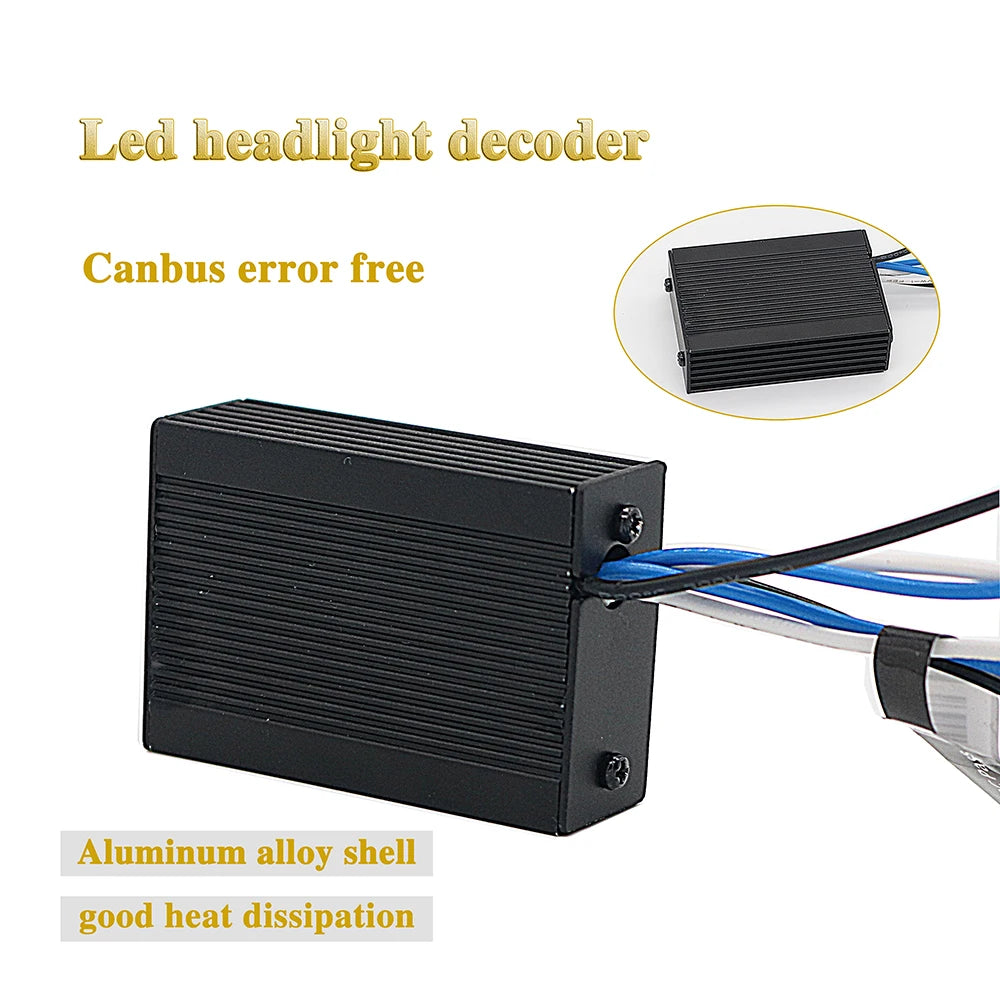 A black aluminum alloy LED headlight decoder with a connector cable shown next to it.