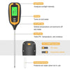 A handheld soil meter with a light sensor, ON key, test probe, and protective bushing for testing pH, temperature, and moistu