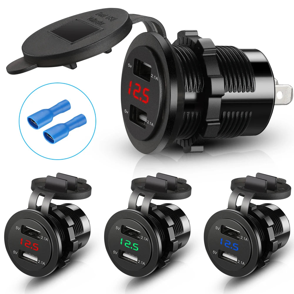 Dual USB Car Charger with LED Voltmeter – Fast Charging 12V/24V
