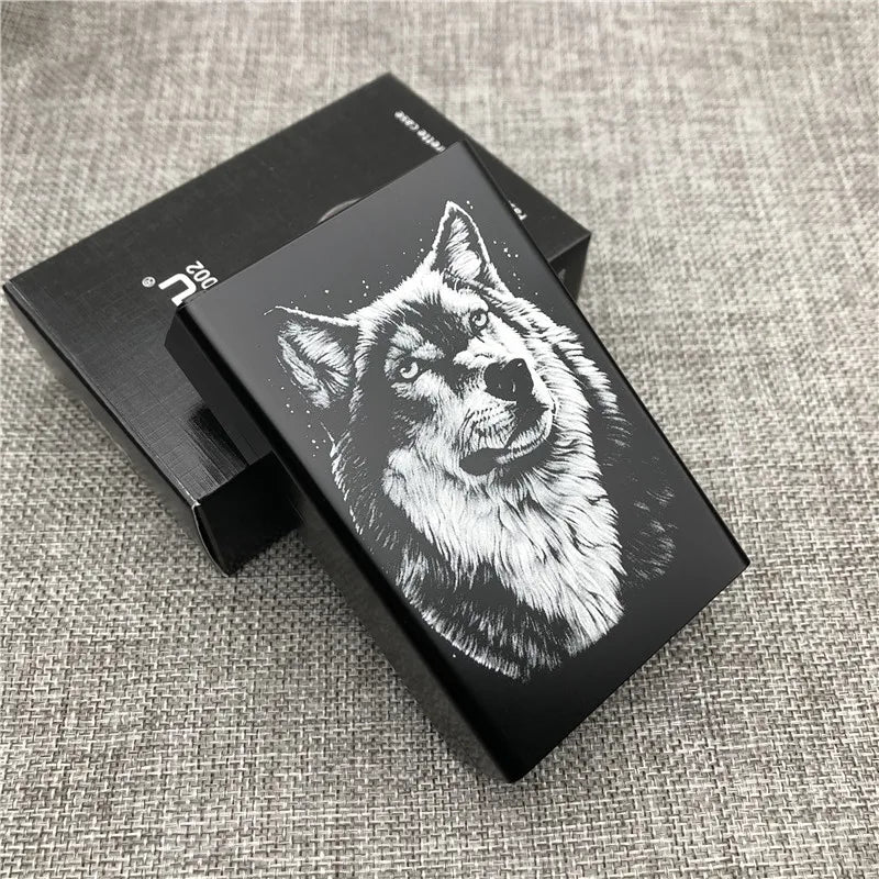 Ultra-Slim Aluminum Cigarette Case with Laser-Engraved Wolf Design