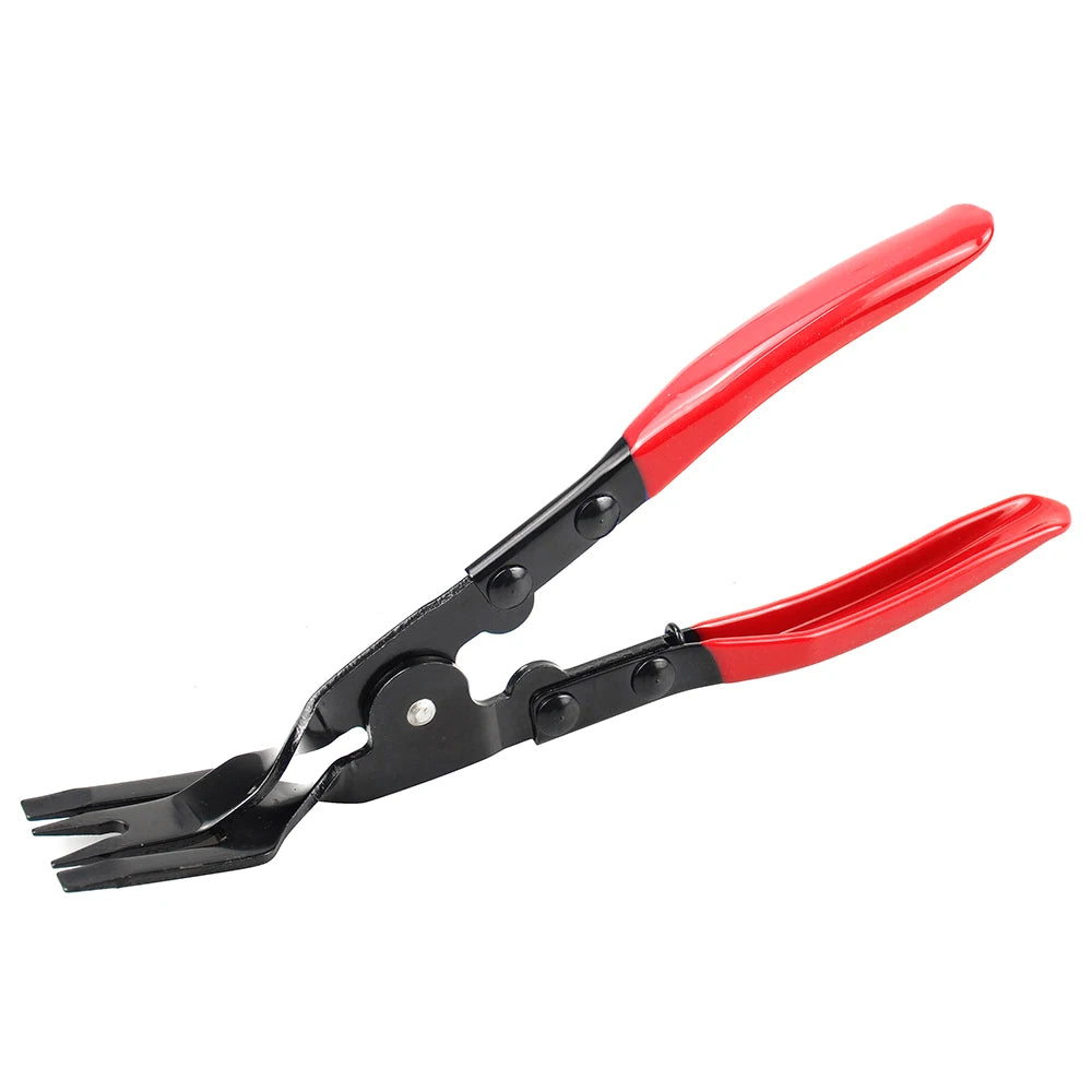 Red and black trim clip removal pliers used for auto upholstery and panel work