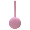 A pink food-grade silicone pacifier case with a long loop and a textured surface.