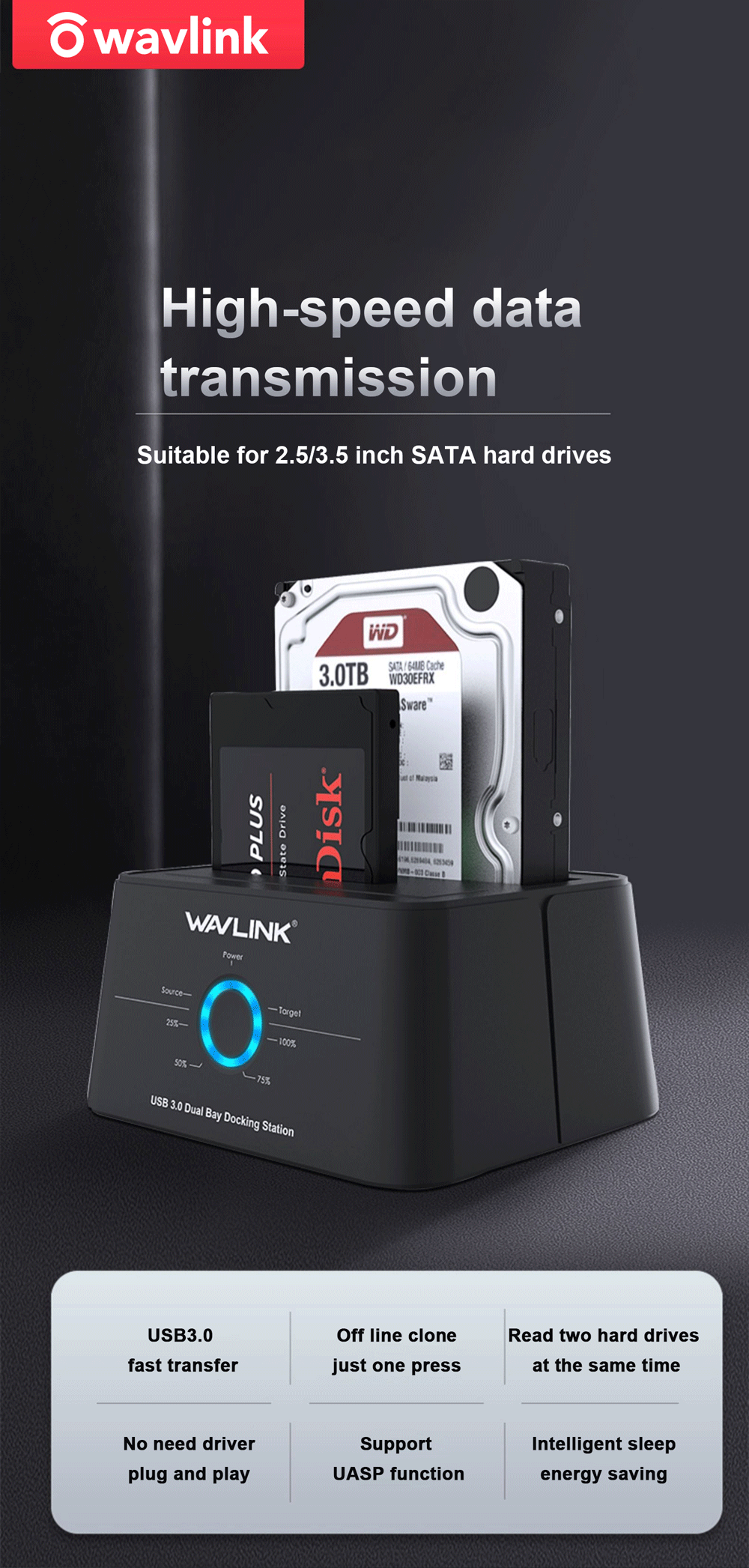 Dual Bay SATA Hard Drive Docking Station with Offline Clone Function