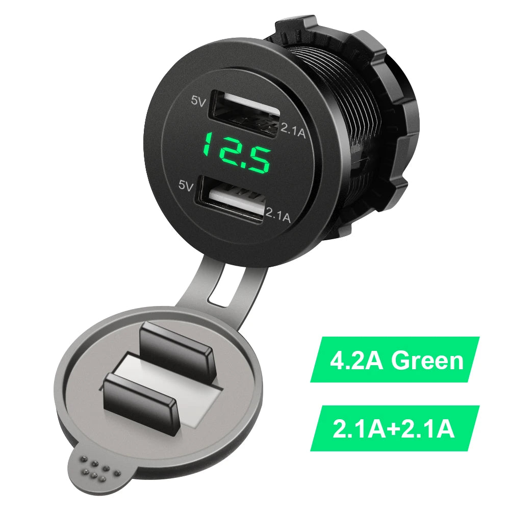 Dual USB Car Charger with LED Voltmeter – Fast Charging 12V/24V