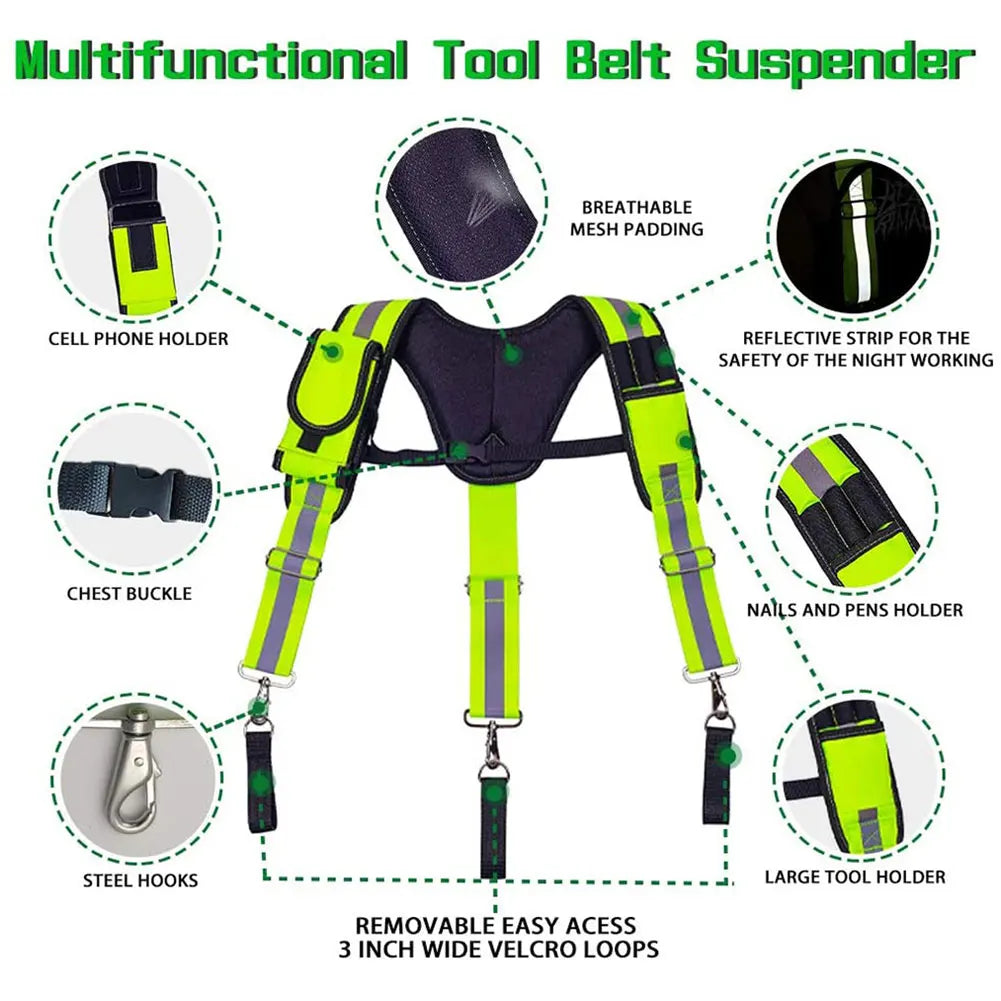 Fluorescent green Y-type tool belt suspenders featuring mesh padding, buckles, and various tool holders.