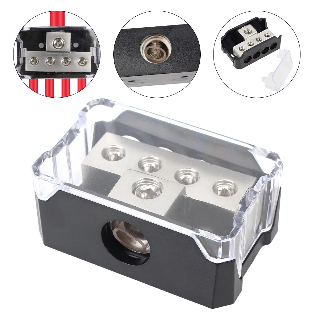 A clear plastic power distribution block for car audio, featuring four terminals and a fuse holder.
