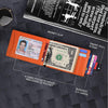 An orange slim wallet with a smart pull strap is shown next to a black notebook, displaying various cards and cash.
