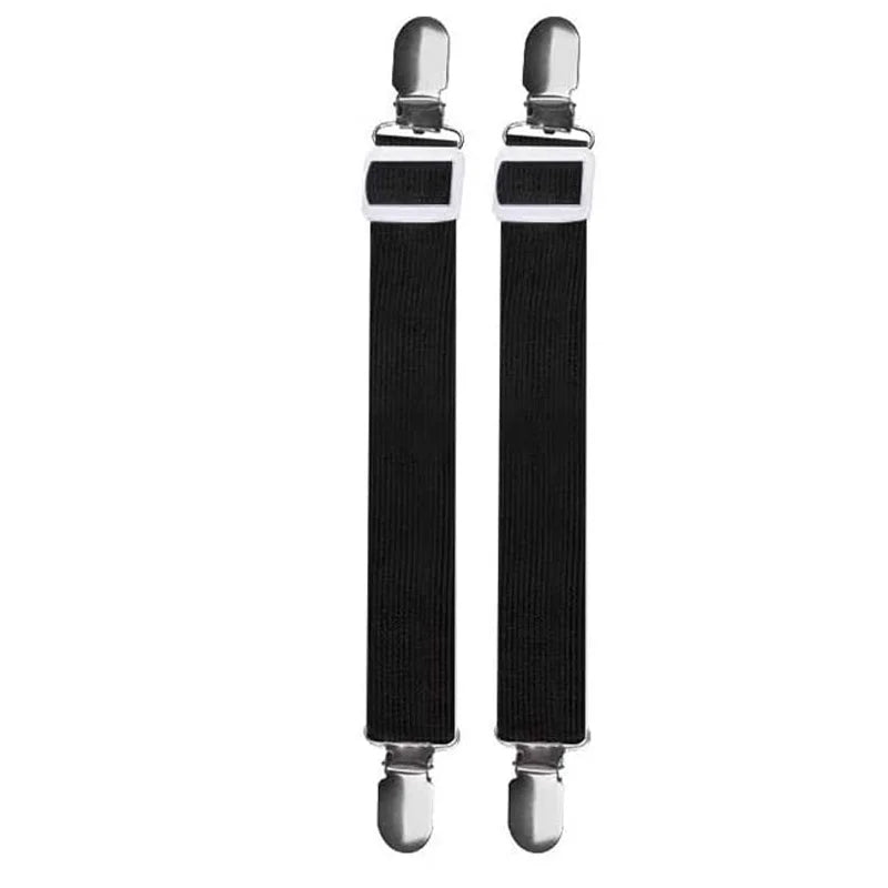 A pack of four adjustable bed sheet grippers with strong clips, featuring black and silver components.