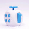 A white 12-sided fidget cube with blue accents and a blue top, shown against a white background.
