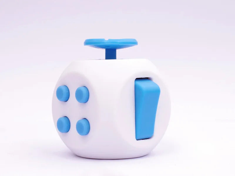 A white 12-sided fidget cube with blue accents and a blue top, shown against a white background.