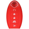 Red silicone key fob cover with cutouts for remote controls and a hold button