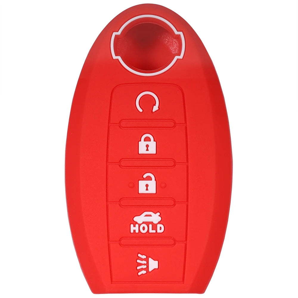 Red silicone key fob cover with cutouts for remote controls and a hold button