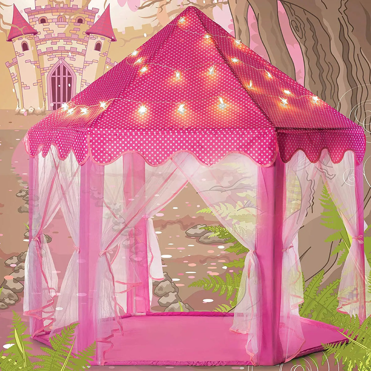 A pink foldable princess tipi play tent with a sheer fabric canopy and glowing lights set up in a garden-like outdoor scene.