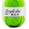 A ball of bright lime green acrylic yarn labeled Acrylic line, with the text 28 ply.