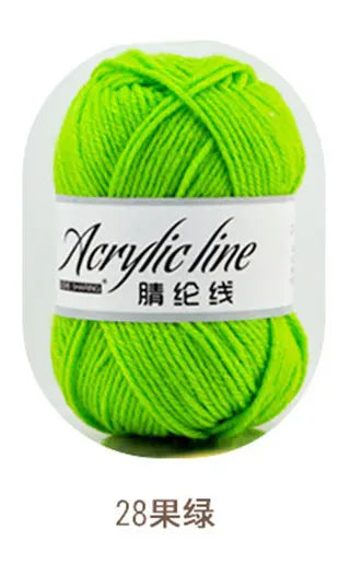 A ball of bright lime green acrylic yarn labeled Acrylic line, with the text 28 ply.