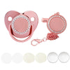 A pink sparkling rhinestone pacifier with a clip designed for babies.