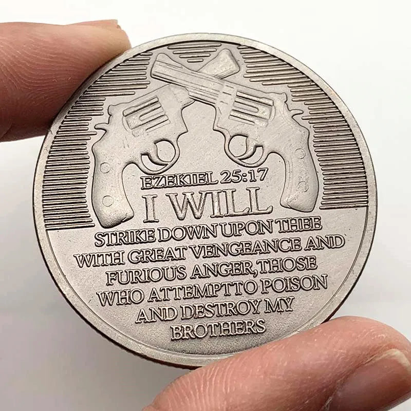 Antique silver plated commemorative coin featuring a patriotic two-gun design and biblical verse