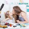 A woman is using a button maker machine kit with various buttons and molds on a table.