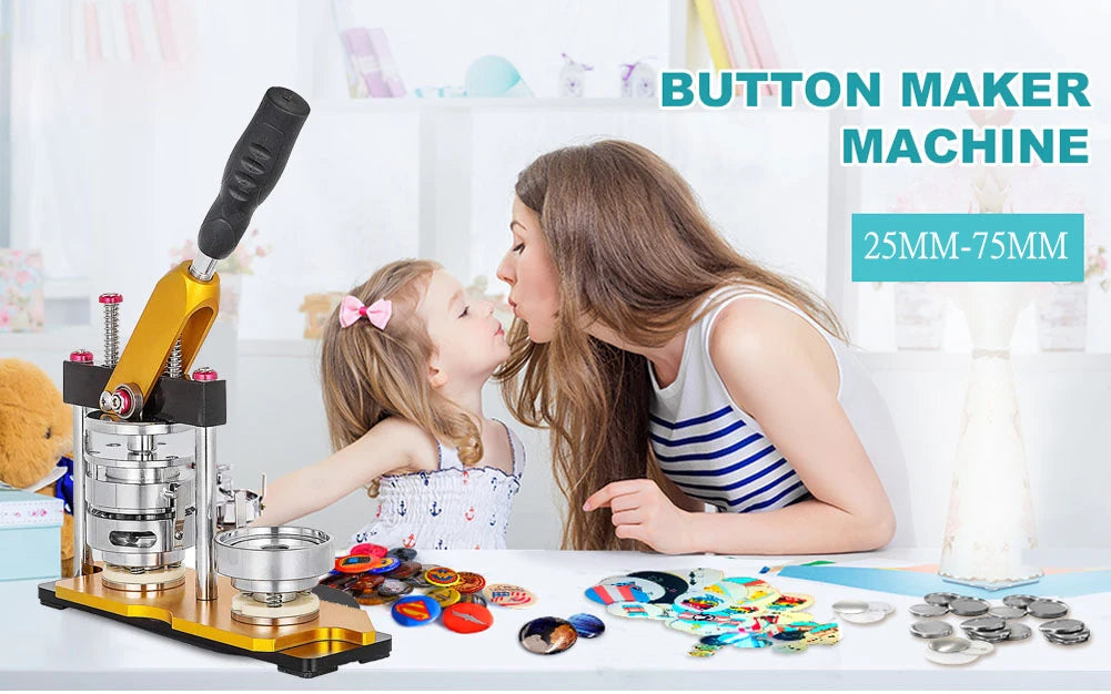 A woman is using a button maker machine kit with various buttons and molds on a table.
