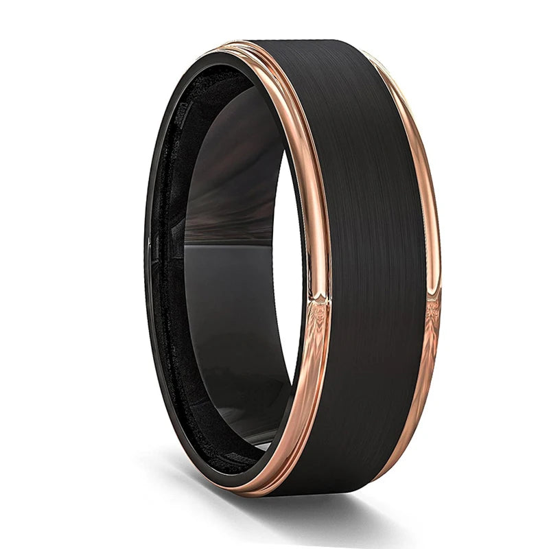 Men's Black Stainless Steel Wedding Band with Double Groove Detail