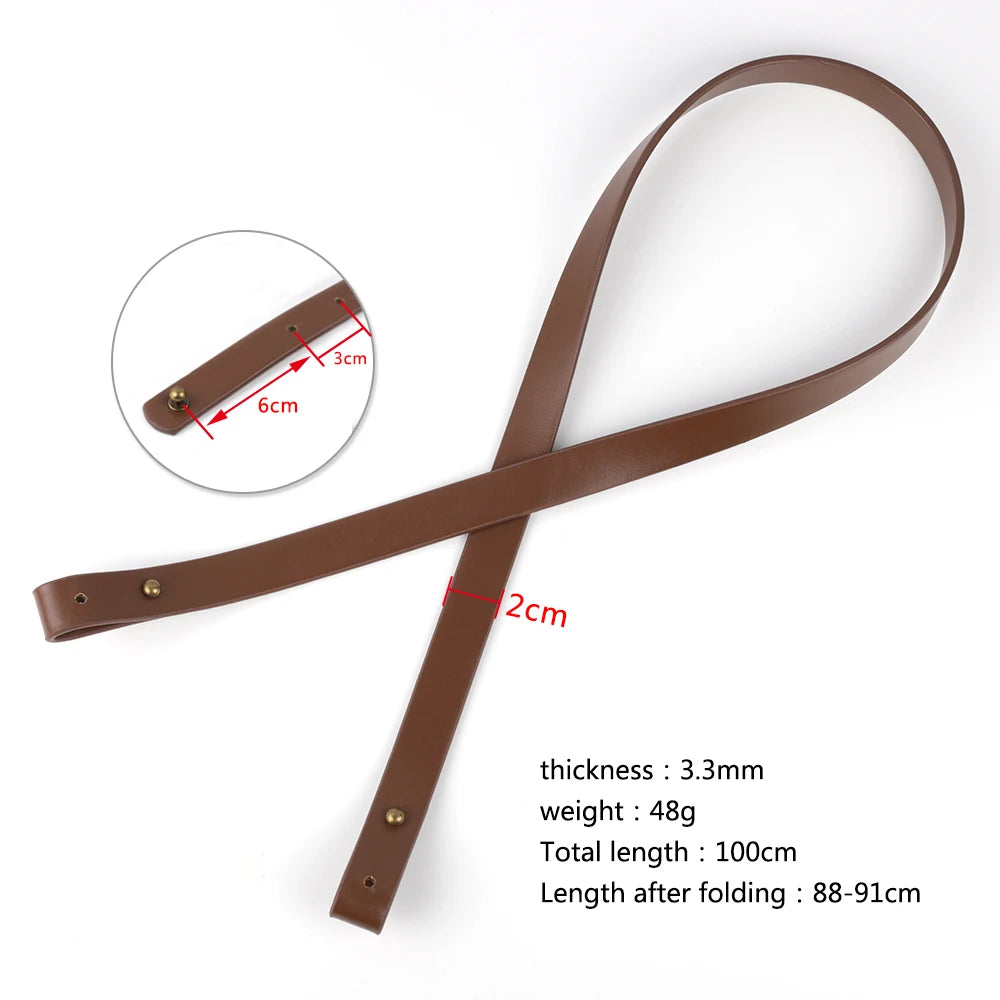 Brown PU leather crossbody bag strap showing dimensions and thickness.