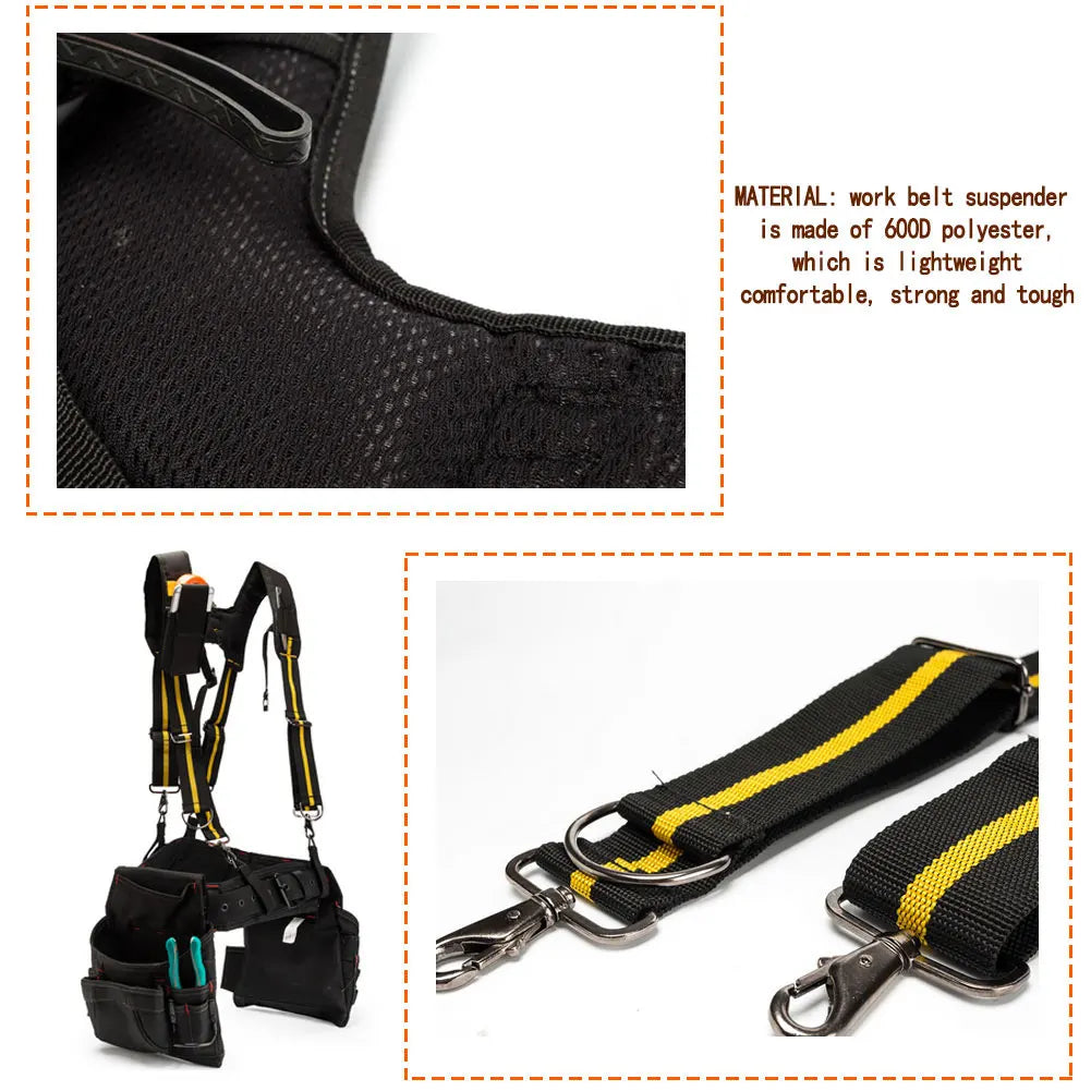Black work belt suspender made of 600D polyester with adjustable buckles and lumbar support.