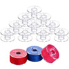A set of transparent plastic sewing machine bobbins for quilting and embroidery, including multiple discs and spools.