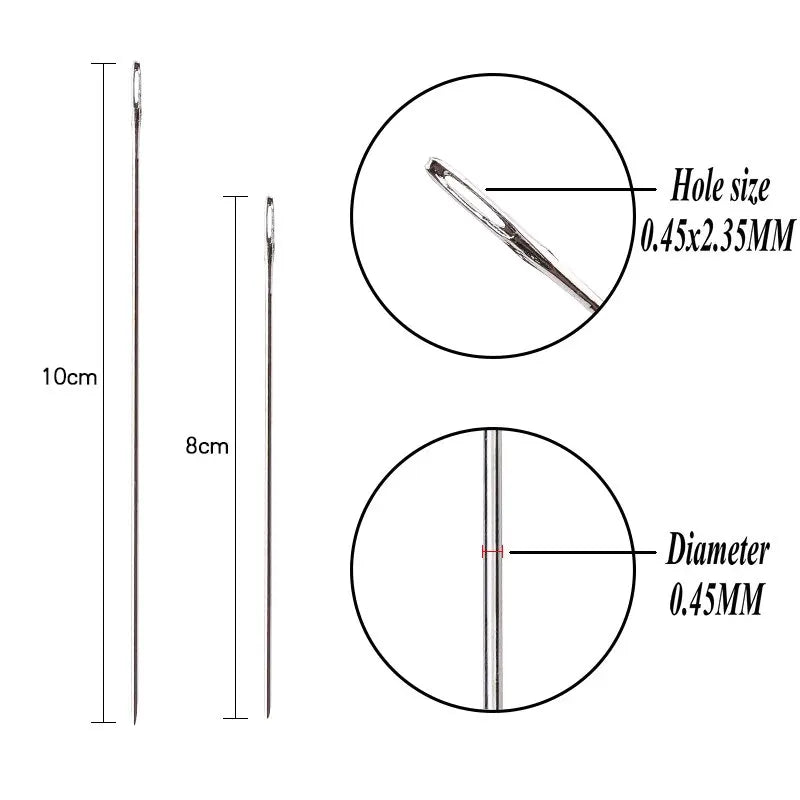 Diagrams showing the size and diameter of stainless steel beading needles for jewelry making.