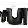 Black universal stroller cup and phone holder with adjustable grip and mounting bracket.