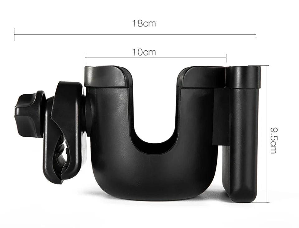 Black universal stroller cup and phone holder with adjustable grip and mounting bracket.